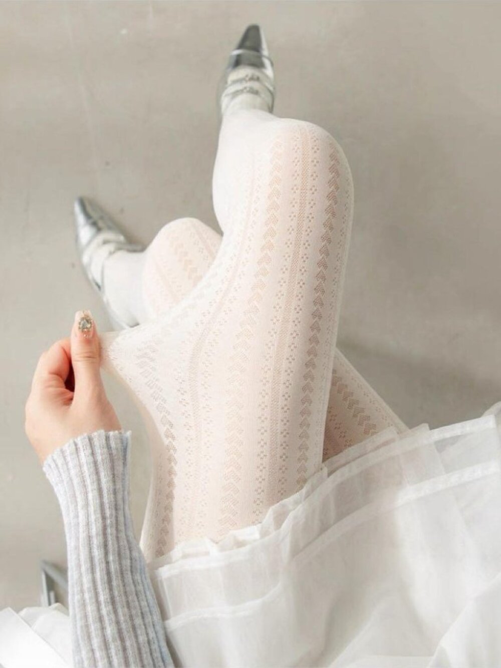 Women's Heart Pattern Outline Jacquard Hollow Out Knit White Tights Pantyhose